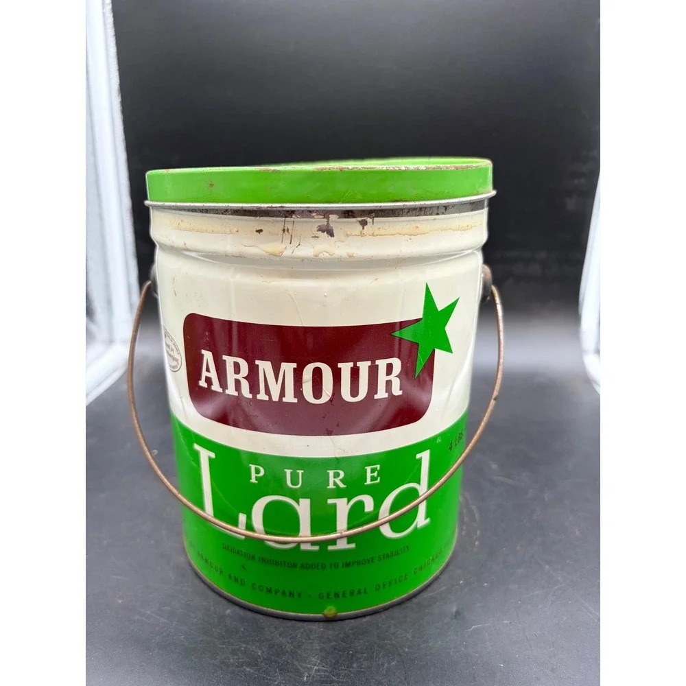Vintage Armour Pure Lard 4 lb Tin Bucket with Lid Recipes Green White Red Star